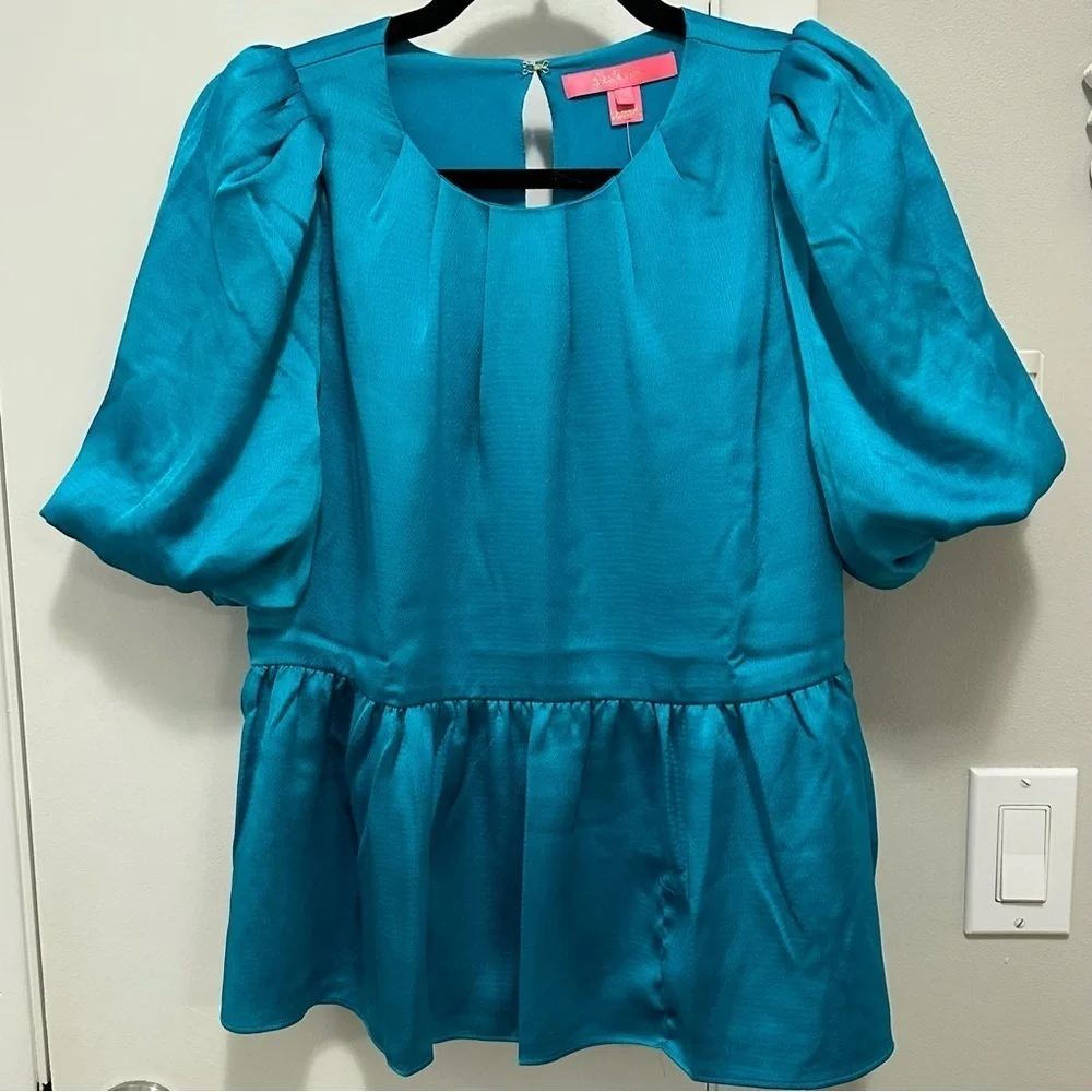 Lilly Pulitzer Blakelynn Elbow Sleeve Blouse Top Blue Rhapsody Teal Sz 4 NWT